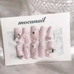 【現品】ネイルチップ 量産型 ワンホン ハート リボン韓国 ピンク ツイード