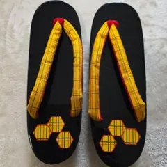 黒色 木製下駄 チェック柄鼻緒 23.5cm