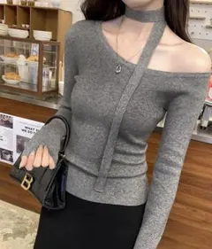 チョーカー付き オフショルダーニット 長袖 無地