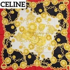 CELINE シルク感　大判スカーフ　ビビッドピンク地にチェーン、ビジュー柄 CELINE シルク感 大判スカーフ ビビッドピンク地にチェーン、ビジュー