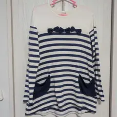 【土日限定価格】KP160cm　青白ボーダーリボン付長袖チュニック