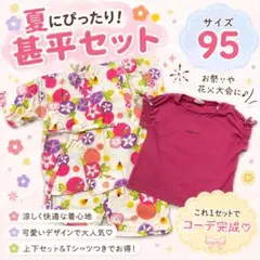 【美品！2点】ベビー 甚平 朝顔柄 95 ＆ Tシャツ アカホンのサムネイル