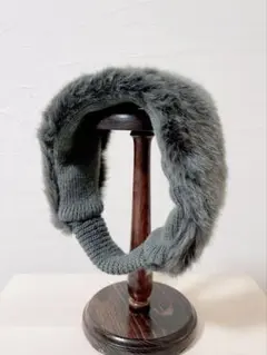 エコファー&ニットリブ　ヘアバンド　グレー