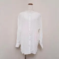 ナチュラルクチュール バンドカラー長袖シャツ ロング丈 ラウンドヘム ゆったり