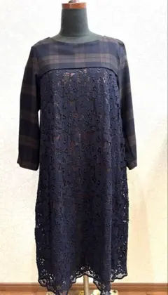 SUPER HAKKA 花柄刺繍　チエック　切り替えワンピース