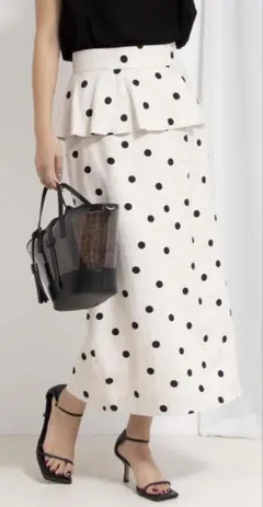 美品ノーリーズドットプリントタイトミディスカート25ss38ペプラムベージュ系