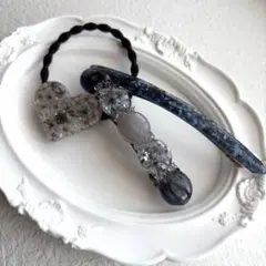 ✨ネイビー花モチーフ ヘアゴム バレッタセット