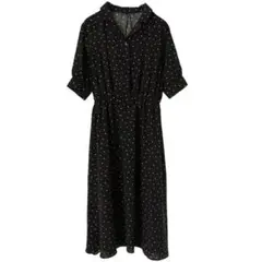 ドット ロングワンピース ブラック 黒 ワンピ ロング丈 レトロ フリーサイズ