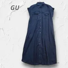 Y4944【GU】麻・レーヨン シャツワンピース ロング丈 半袖 ネイビー L