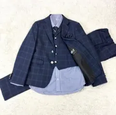 【美品】ワンダーファクトリー 男の子 スーツ 6点セット 150 チェック 卒服