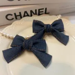 デニム生地 リボン ヘアクリップ ブルー