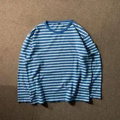 UNIQLO 肉厚 ボーダー カットソー クルーネックロンT 水色 白 XL