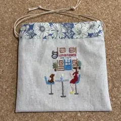 刺繍入　巾着ポーチ　ハンドメイド