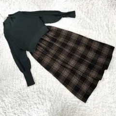 美品【エルビーシー】（M）ドッキングロングワンピース 切替 グリーン チェック柄