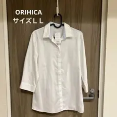 ORIHICA白色ストライプ襟七分袖シャツ LL