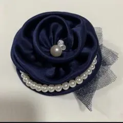 ネイビー サテン　パールコサージュ