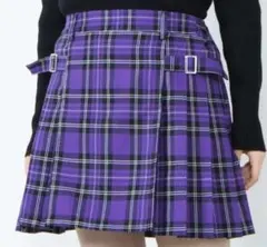 WEGO　紫 チェック柄 プリーツスカート サイドベルト付き