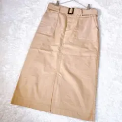 a920【訳あり】ビス　ベルト付きAラインスカート　L　ベージュ　スリット入り