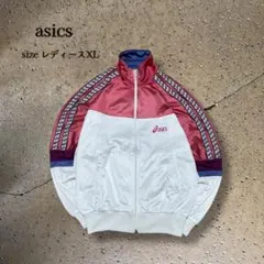 asicsトラックジャケット90sレトロピンク×白ロゴラインヴィンテージ