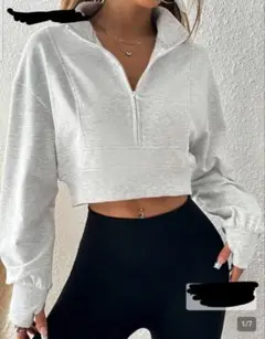 グレー クロップドトレーナー　フロントジップ　スウェットシャツ