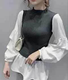 Jewelobe 重ね着風ハイネックニット　グレー　上品　バレエコア