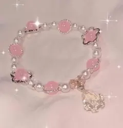ピンク花型ビーズブレスレット ハンドメイドアクセサリー