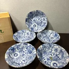 新品未使用 前畑陶器 金縁 染付 花柄 食器柄 ブルー ボウル 5客のサムネイル