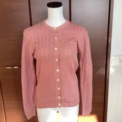 サーモンピンク レース編み 長袖カーディガンコットン100%