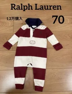 ラルフローレン ラガーシャツ ロンパース 70 えんじ ボーダー 襟付き 長袖