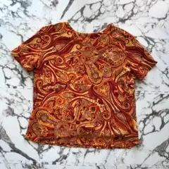 90sレトロ ペイズリー柄 半袖トップス オレンジ ブラウン