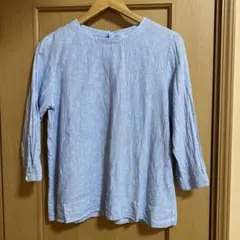 無印良品　カットソー　七分袖　水色✖️白ストライプ　L 麻