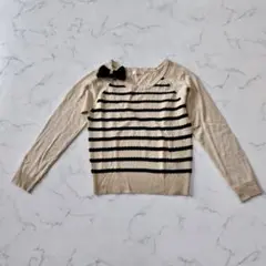 イマージュ ボーダー柄 リボンビジュー ニット トップス M ベージュ