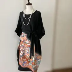黒留リメイク　ワンピース　正絹縮緬　朱色花鳥