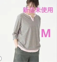 PERSONS スキッパー衿テレコマルチボーダーTシャツ【新品タグ付】ピンク M