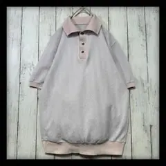【VINTAGE☆ニットポロシャツ】ジャガード☆半袖☆レトロ感☆薄紫　ピンク　Sのサムネイル