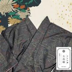 【大島紬】袷 大島 紬 身丈166.5㌢ 黒 流水 花模様 レトロ 絹 着物83