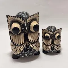 ヴィンテージ フクロウ 親子 木彫 置物 オブジェ 梟 個性デザイン