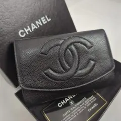 【良品】CHANEL シャネル ココマーク キャビアスキン コンパクトウォレット