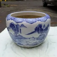 直径40cm】染付 火鉢 メダカ鉢 山水画 陶器製 水鉢 ビオトープ 睡蓮
