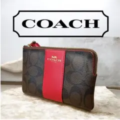 【未使用】COACH シグネチャー柄 ポーチ レッドレザー ハンドストラップ