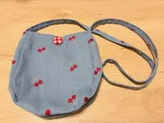 デニム素材 チェリー刺繍 ショルダーバッグ ギンガムチェック さくらんぼ レトロ