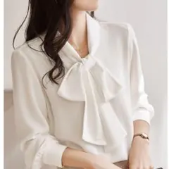 Lサイズ ボウタイブラウス 白 長袖 フォーマル オフィス 卒業式 入学式