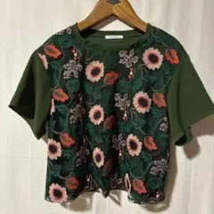 ステラシフォン 刺繍 異素材トップス 日本製 花柄　半袖　緑　カーキ　36のサムネイル