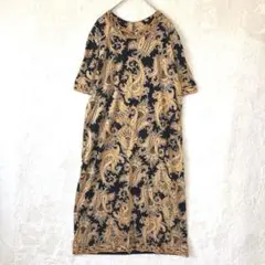 ワンピース カットソー 半袖 L ミモレ丈 ペイズリー柄 レトロ 総柄 黒