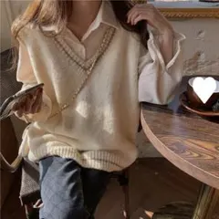 レディース 重ね着 ニットベスト ブラウス セット アイボリー 秋 かわいい