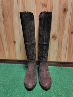 ブラウン スエード ロングブーツ 中ヒール