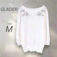 グラシア（M）花柄刺繍 ポートネック 春ニット 七分袖 デコルテ見え 薄手 白