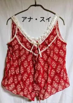 ANNA SUI 希少シア感キャミソール レッド 花柄 レース　L　アメリカ製のサムネイル
