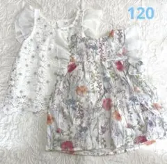 120 花柄 刺繍 半袖トップス レース 2点セット女の子　春夏
