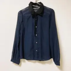 襟付きカットソー ネイビー ドット柄 シースルーデザイン